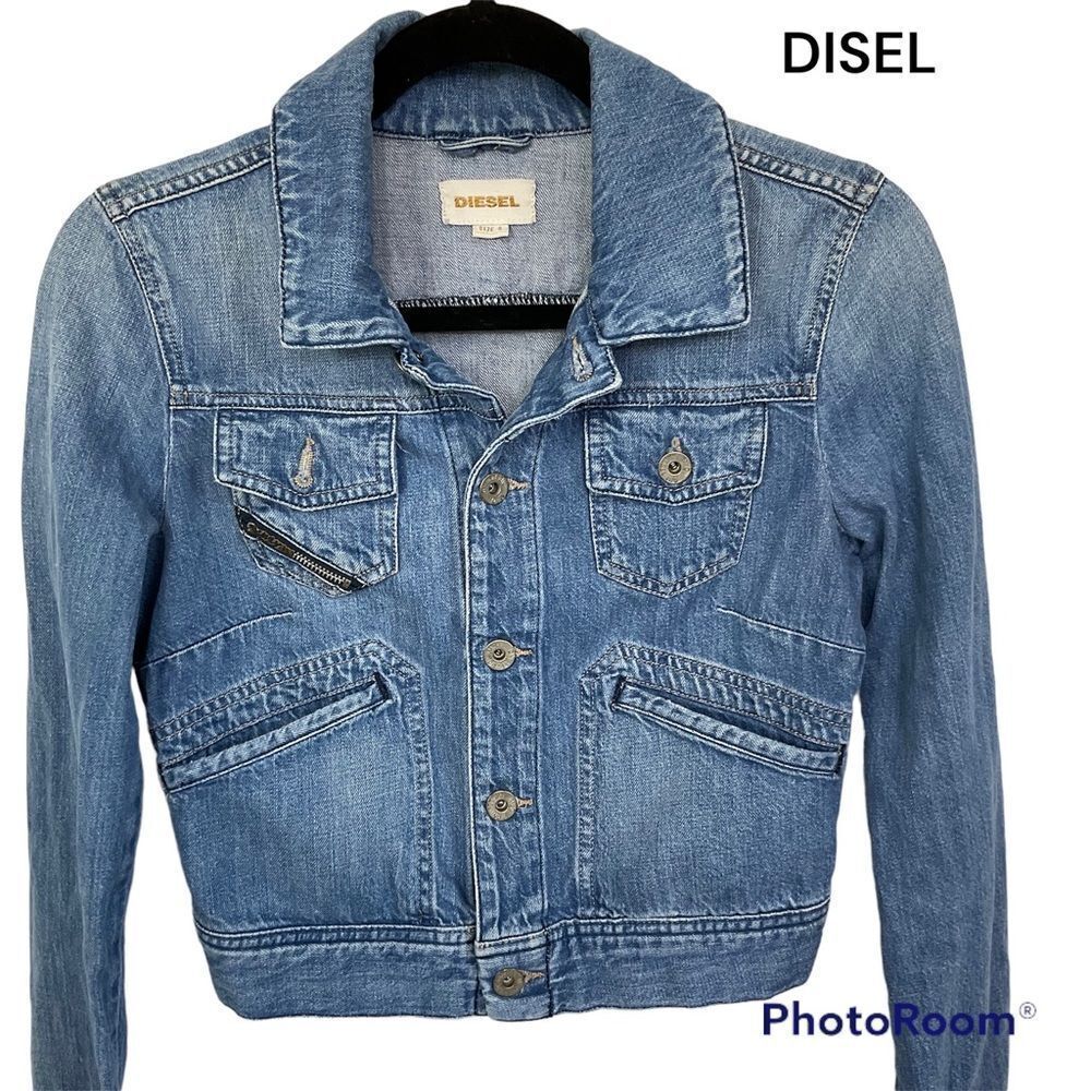 Diesel medium wash cropped Moto biker cotton jean jacket Size Small